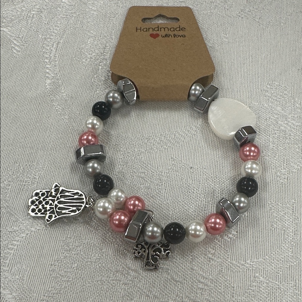 Chic Beaded Bracelet with Pink, Black, and Silver Accents